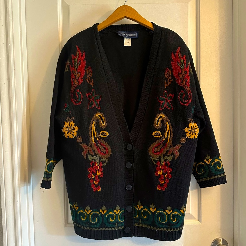 Vintage paisley and floral cardigan by Maggie McNaughton, size 2X